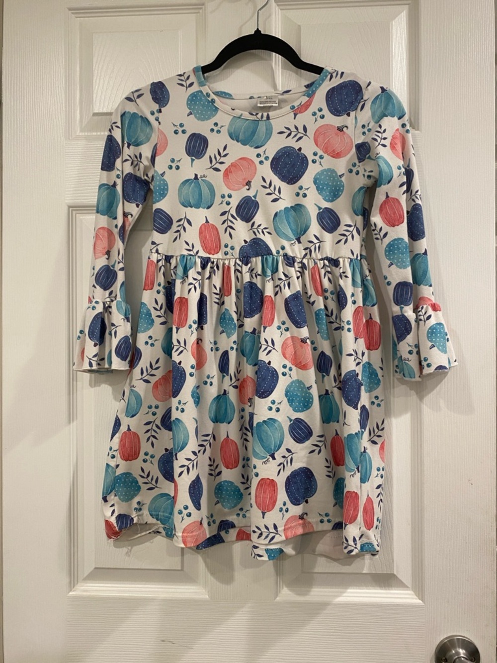 Girls' Long Sleeve Pumpkin Print Dress - Blue, Teal & Coral